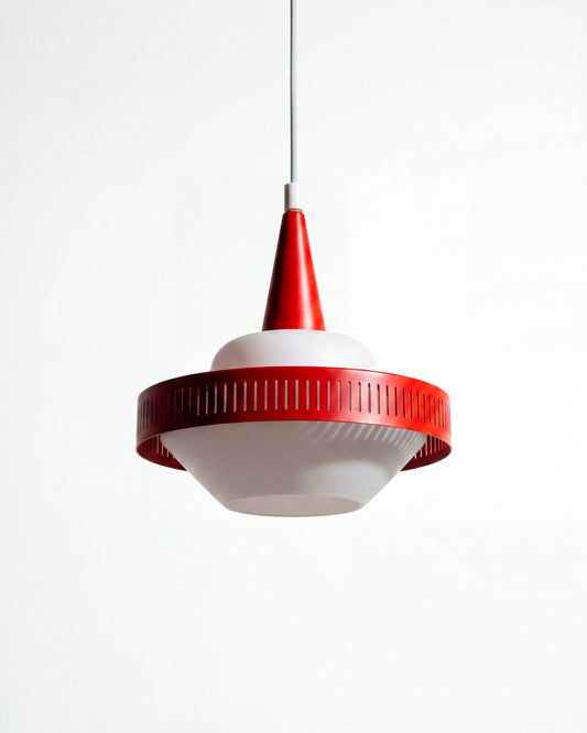 Vintage red Lyfa pendant lamp by Bent Karlby with opaline glass, 1950s, detail 2