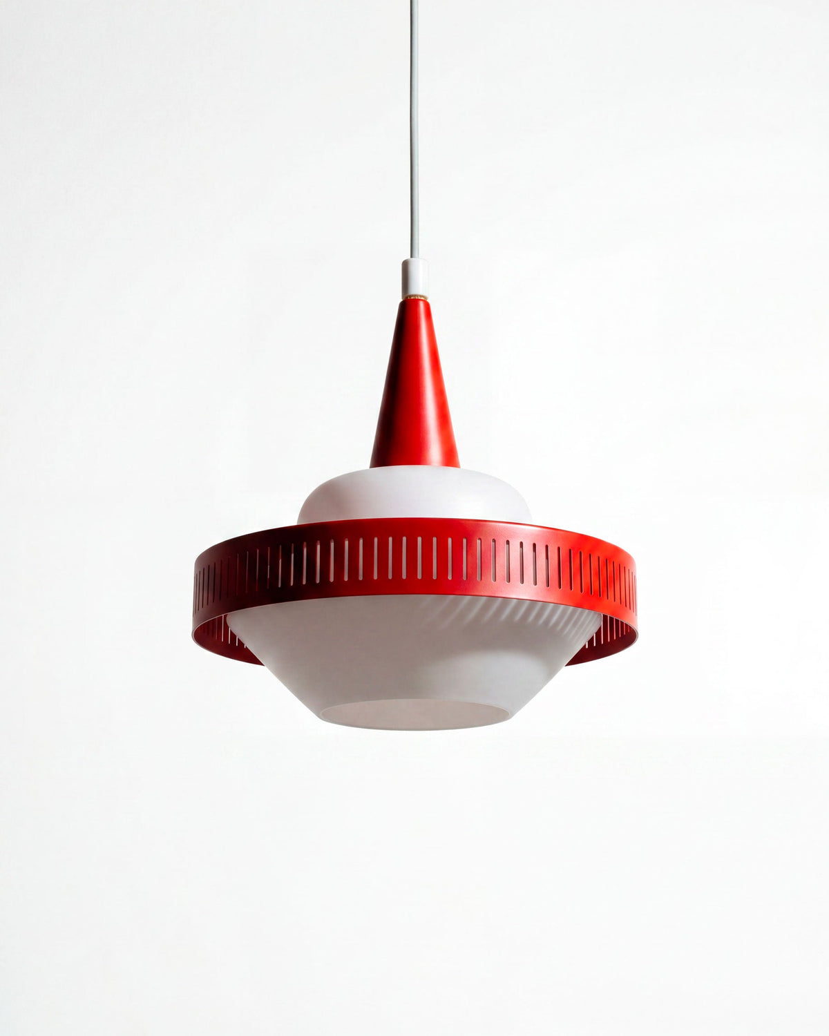 Vintage red Lyfa pendant lamp by Bent Karlby with opaline glass, 1950s, detail 2