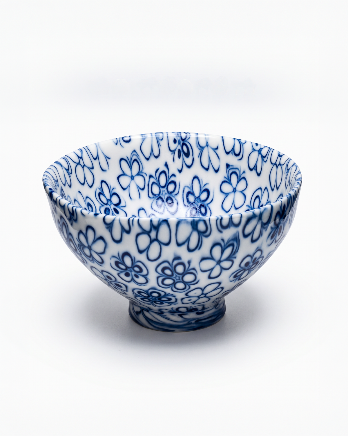 ACULI 1000 Flower tenmoku bowl, cobalt blue and white neriage flowers, handmade in France