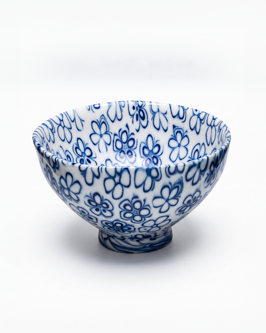 ACULI 1000 Flower tenmoku bowl, cobalt blue and white neriage flowers, handmade in France