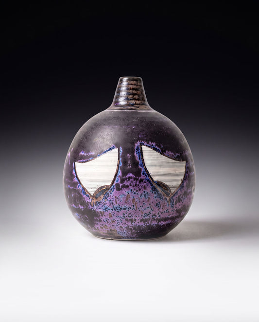 Purple ceramic bud vase with two large eyes, handmade in Korea, detail 2
