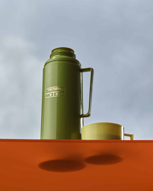 Vintage Thermos flask in yellow, green and khaki, 1960s design