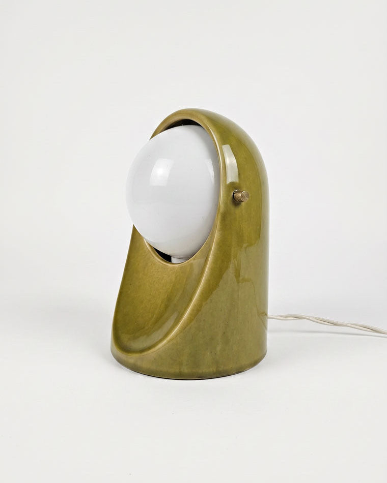 Vintage olive green glossy ceramic bedside lamp, Ceramica d'Arte Bi-Elle, Italy 1970s