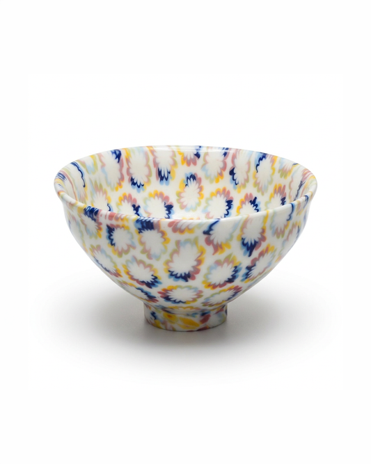 ACULI 1000 Flower tenmoku bowl, rainbow neriage flowers in blue, yellow and pink on white, handmade in France