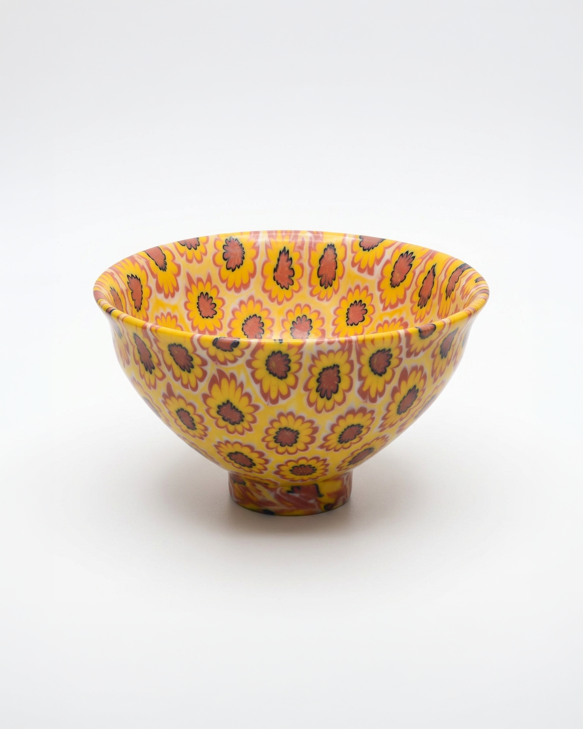 ACULI 1000 Flower tenmoku bowl, saffron yellow and orange neriage flowers, handmade in France