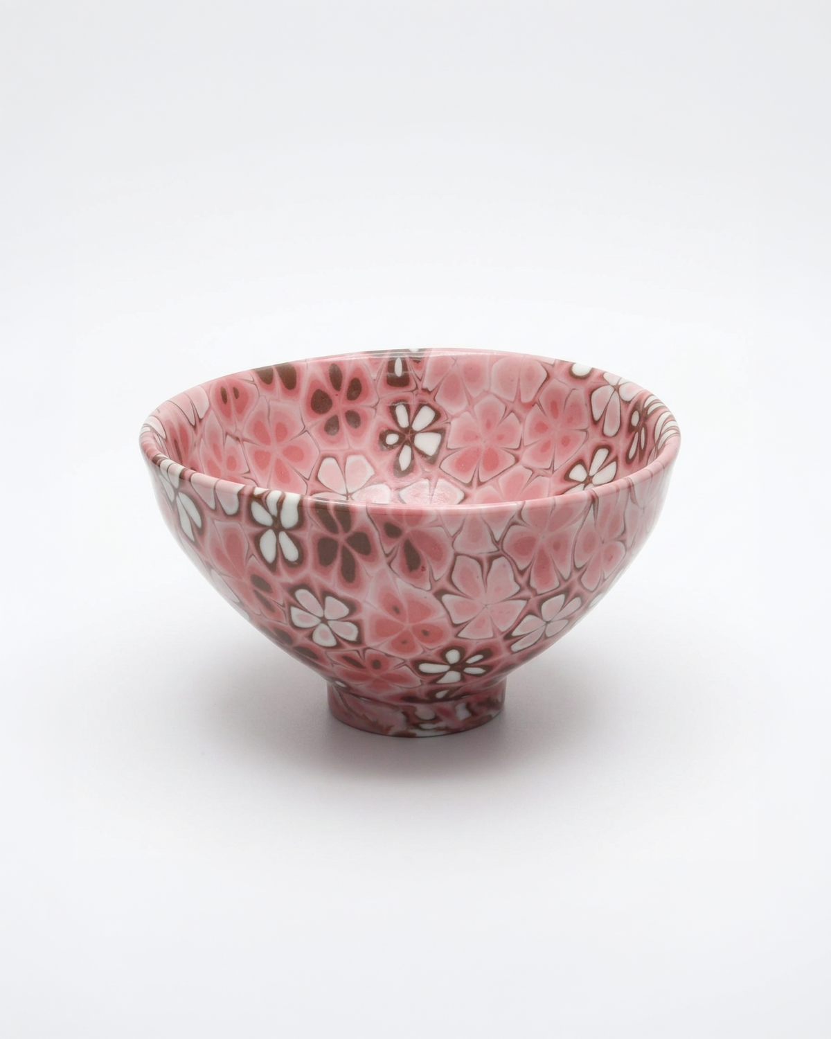 ACULI 1000 Flower tenmoku bowl, cherry blossom pink neriage flowers, handmade in France