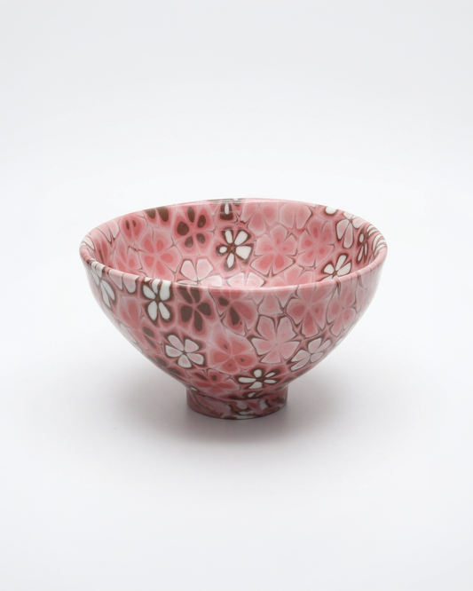 ACULI 1000 Flower tenmoku bowl, cherry blossom pink neriage flowers, handmade in France