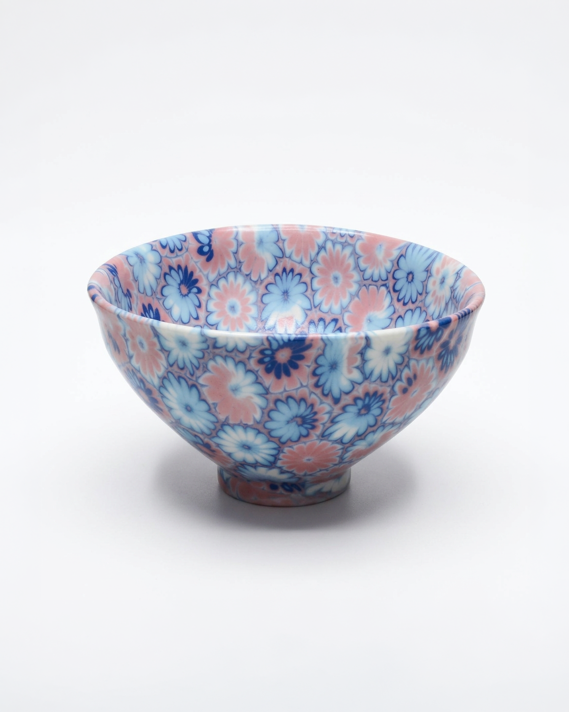 ACULI 1000 Flower tenmoku bowl, blue and pink neriage flowers, handmade in France