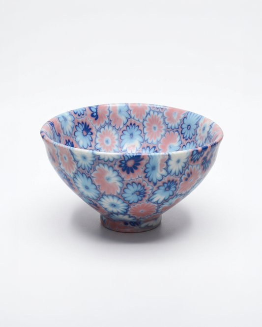 ACULI 1000 Flower tenmoku bowl, blue and pink neriage flowers, handmade in France
