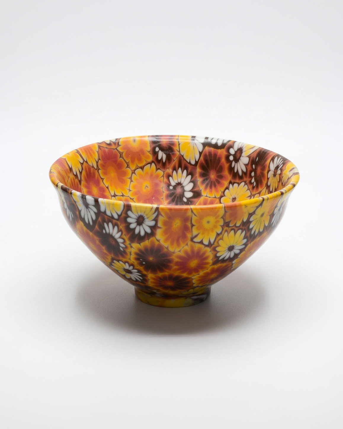 ACULI 1000 Flower tenmoku bowl, red, orange and yellow neriage flowers, handmade in France