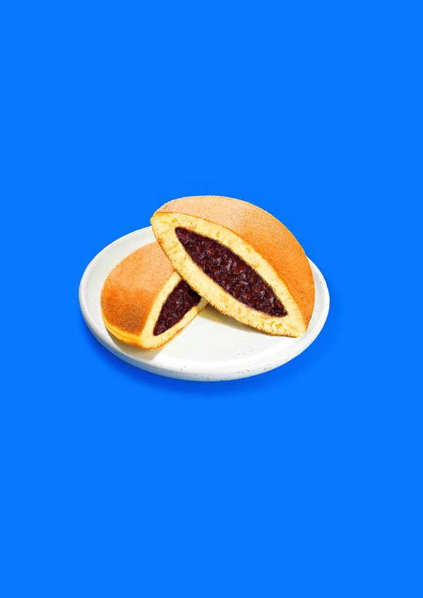 Dorayaki on a plate against a bright blue background, from the Prime Video campaign